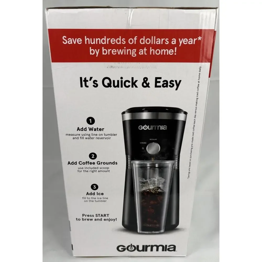 Gourmia Iced Coffee Maker with Brew-Strength Control Reusable Filter and Tumbler
